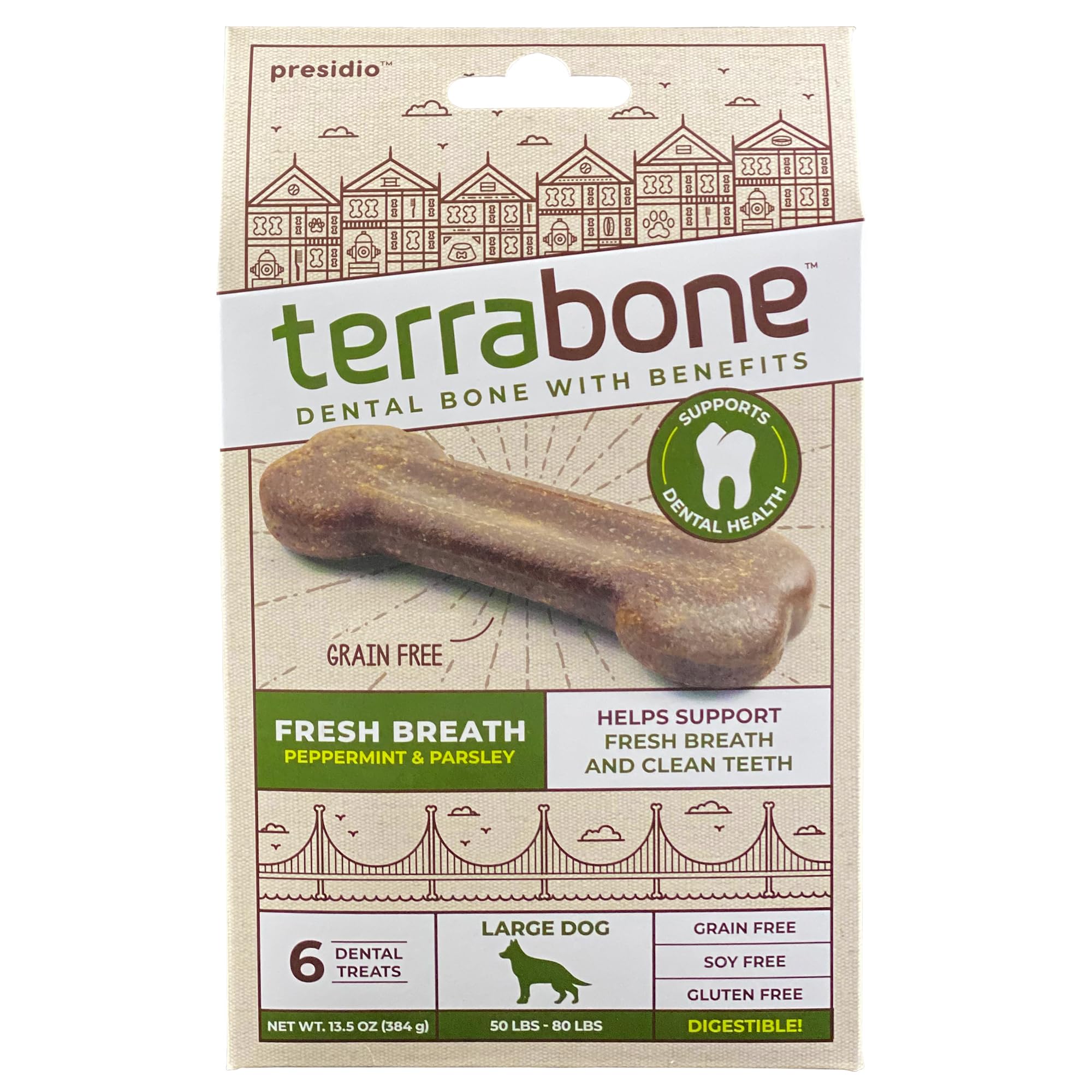 Presidio Terrabone Dental Chews, Dog Teeth Cleaning Treat, Large, 6 Treats