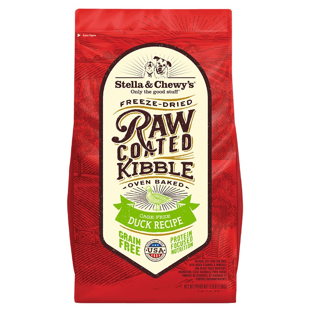 Raw coated kibble Stella and Chewy’s freeze dried oven baked cage free duck recipe
