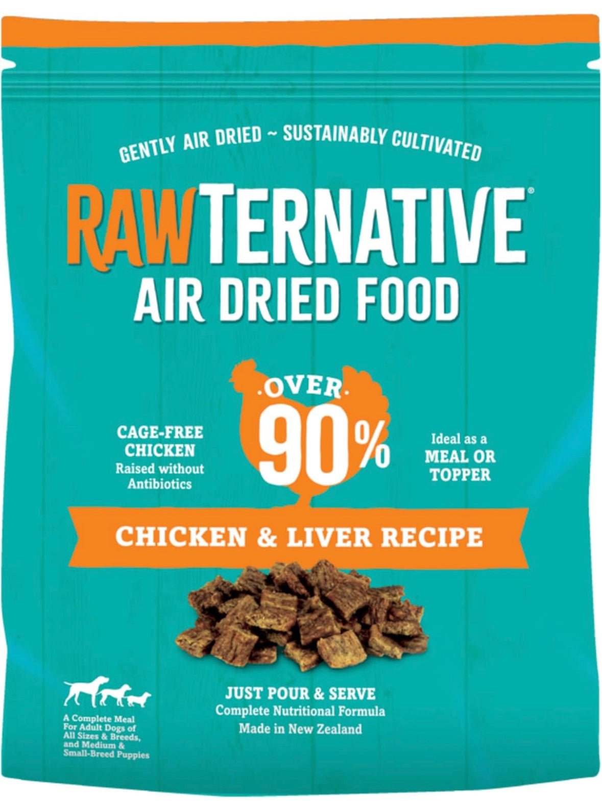RawTernative Air Dried Dog Food, High Protein, Over 90% Real Chicken & Liver + New Zealand Green Lipped Mussels, Complete Meal or Topper, Grain Free, Gluten Free, Non GMO, (3 lb Bag)