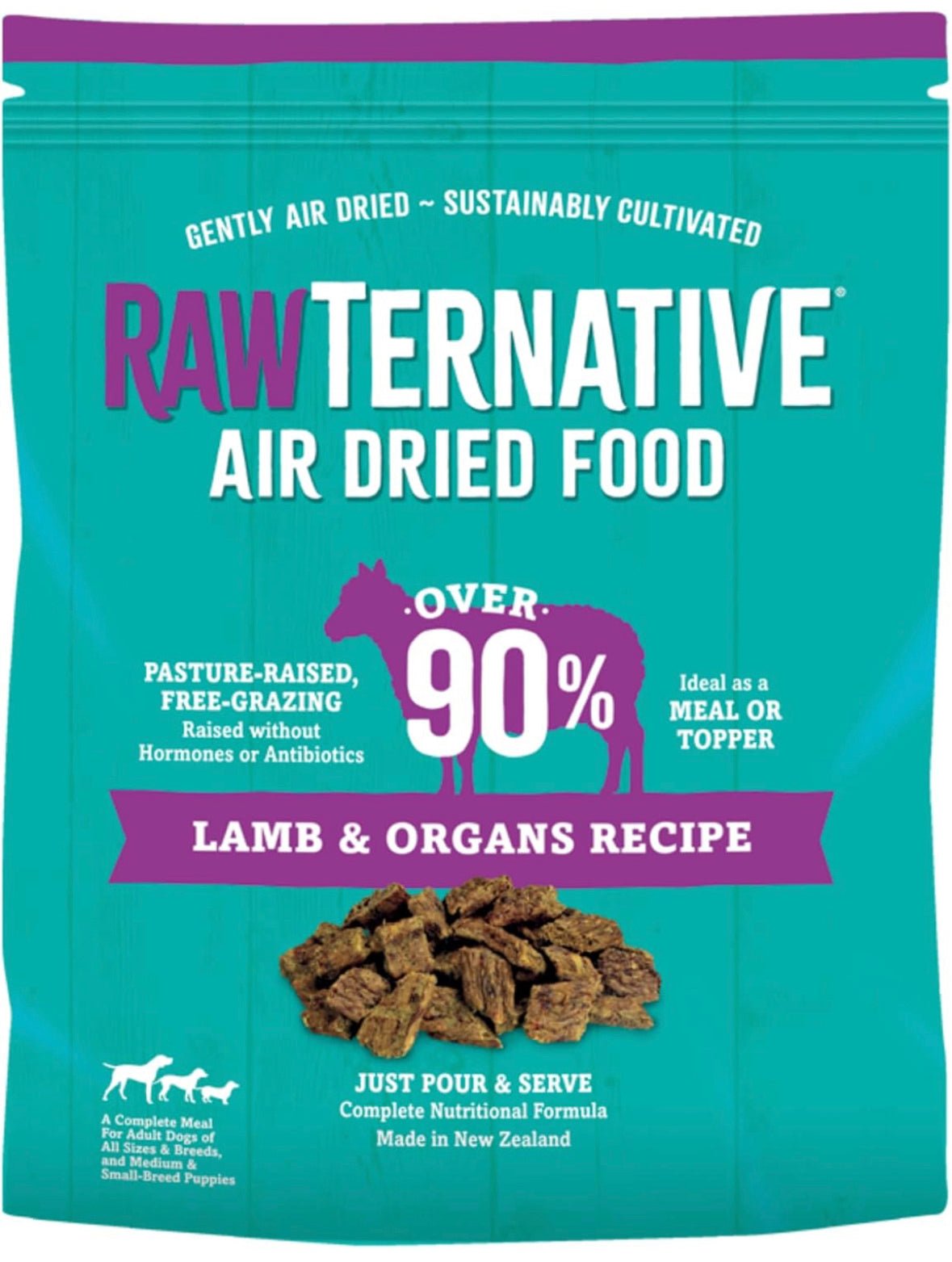 RawTernative Air Dried Dog Food, High Protein, Over 90% Real Lamb & Lamb Organs + New Zealand Green Lipped Mussels, Complete Meal or Topper, Grain Free, Gluten Free, Non GMO, (3 lb Bag)