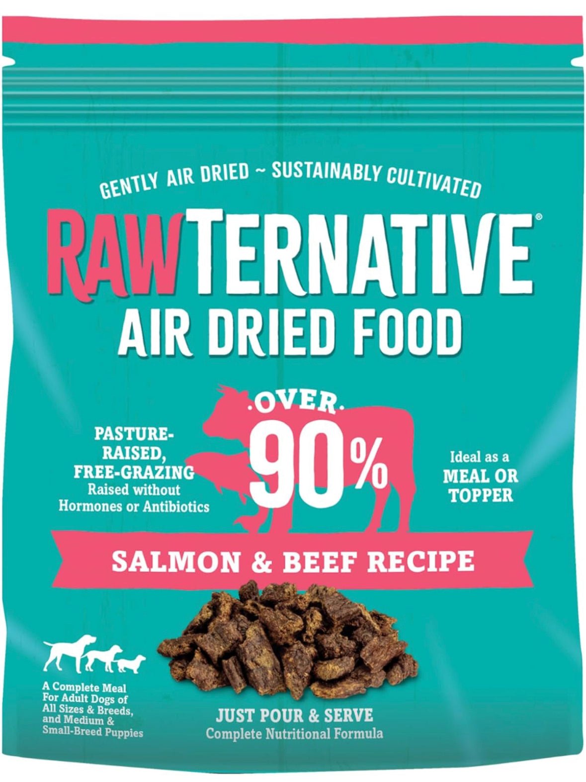 RawTernative Air Dried Dog Food, High Protein, Over 90% Real Salmon & Beef + New Zealand Green Lipped Mussels, Complete Meal or Topper, Grain Free, Gluten Free, Non GMO, (3 lb Bag