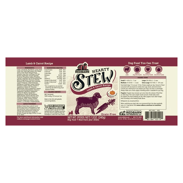 Redbarn hearty stew lamb and carrot recipe - 12 oz canned dog food