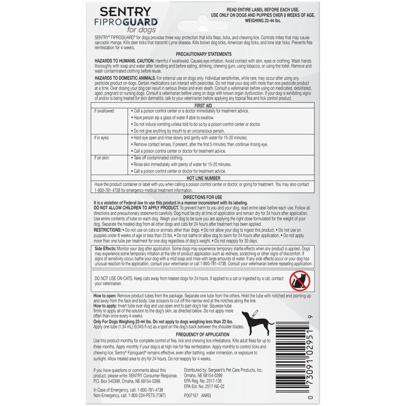 SENTRY Fiproguard Flea and Tick Prevention For Dogs - 23 - 44 Pounds - 3 Month Supply of Topical Flea Treatment