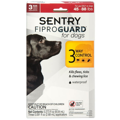 SENTRY Pet Care Fiproguard Flea and Tick Prevention for Dogs - 45 - 88 Pounds - 3 Month Supply of Topical Flea Treatments