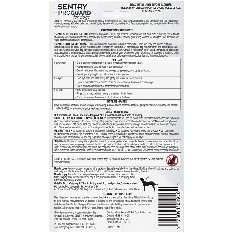 SENTRY Pet Care Fiproguard Flea and Tick Prevention for Dogs - 5 - 22 Pounds - 3 Month Supply of Topical Flea Treatments