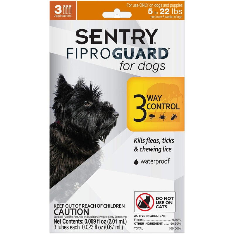 SENTRY Pet Care Fiproguard Flea and Tick Prevention for Dogs - 5 - 22 Pounds - 3 Month Supply of Topical Flea Treatments