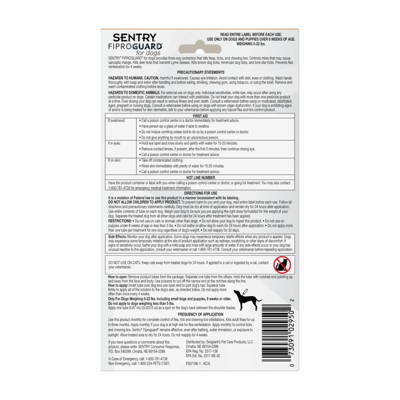 SENTRY Pet Care Fiproguard Flea and Tick Prevention for Dogs - 5 - 22 Pounds - 3 Month Supply of Topical Flea Treatments