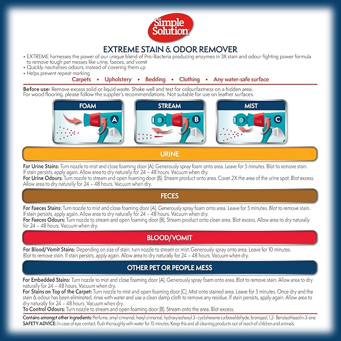 Simple solution extreme stain & odor remover 3x cleaning power 32oz pet cleaning spray