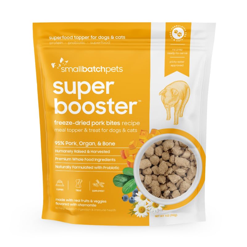 smallbatch Pets Freeze - Dried Super Booster Pork Bites for Dogs & Cats, 7 oz, Made in The USA, Humanely Raised Single Protein Source, Topper & Treat, with Organic Vegetables and Probiotics