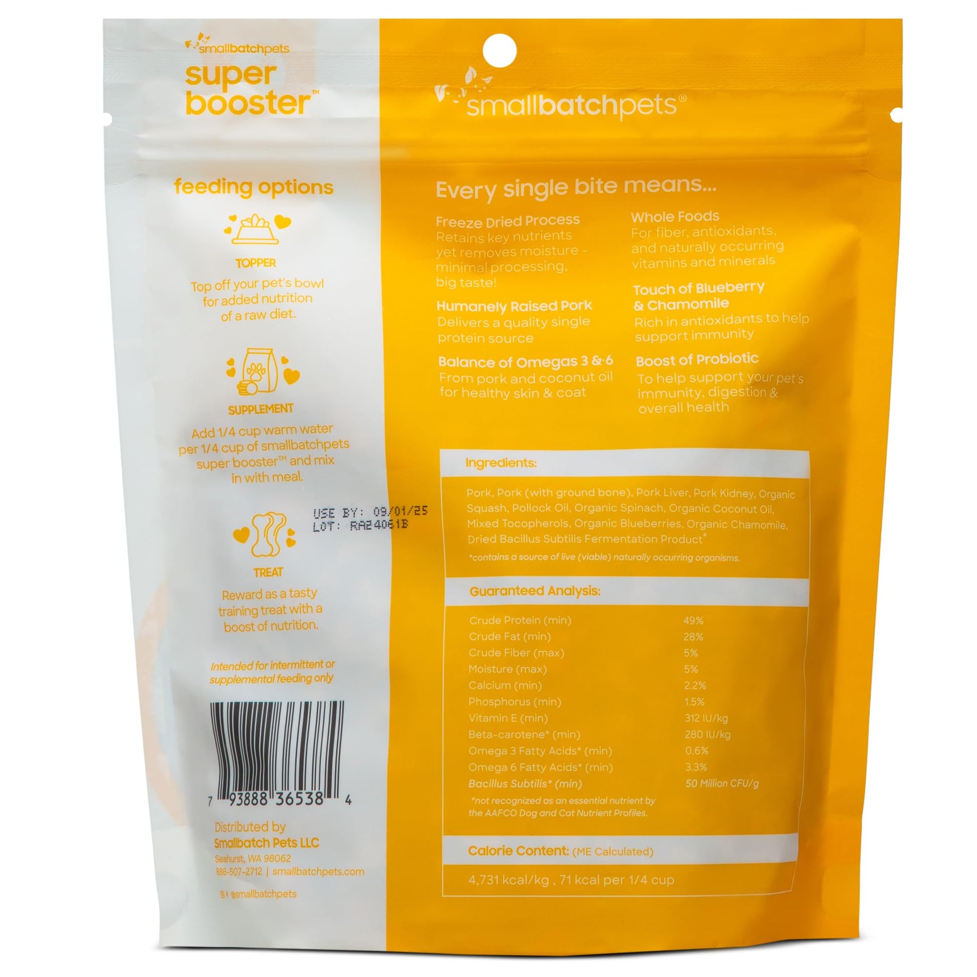 smallbatch Pets Freeze - Dried Super Booster Pork Bites for Dogs & Cats, 7 oz, Made in The USA, Humanely Raised Single Protein Source, Topper & Treat, with Organic Vegetables and Probiotics
