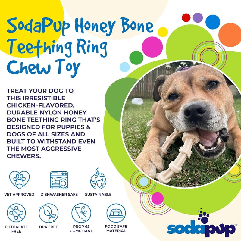 SodaPup Chicken - Flavored Honey Bone Teething Ring – Durable Dog Chew Toy Made in USA from Non - Toxic, Pet Safe, Food Safe Nylon Material for Clean Teeth, Fresh Breath, Problem Chewing, & More