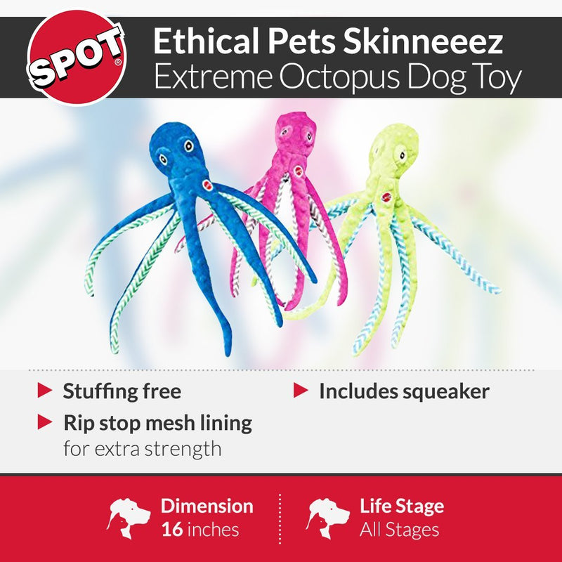 SPOT by Ethical Products Skinneeez Extreme Stuffless Dog Toy with Squeaker | Extra Strong Plush Tug of War Octopus Squeak Toy for Small and Large Dog Breeds | 16", 1 - Pack