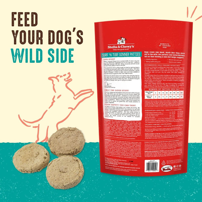 Stella & Chewy's Freeze Dried Raw Dinner Patties – Grain Free Dog Food, Protein Rich Surf ‘N Turf Salmon & Beef Recipe – 14 oz Bag