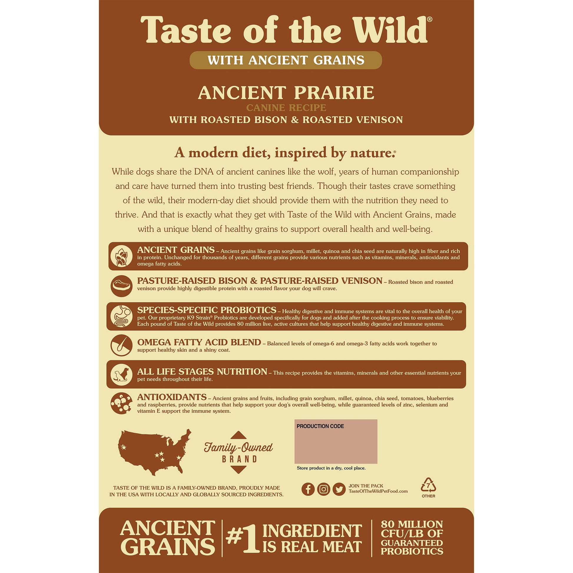 Taste of the Wild Ancient Prairie Canine Recipe with Roasted Bison & Venison – High - Protein Dry Dog Food with Ancient Grains – 5 lb Bag