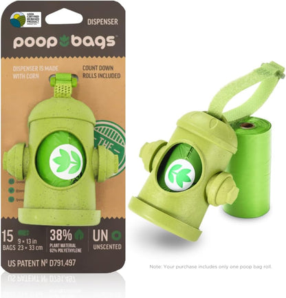 The Original Poop Bags Dog Bags For Poop Refills Bags Rolls Hydrant Dispenser with Leash Clip - 38% Plant Based USDA - Leak Proof & Strong Doggy Bag - Unscented