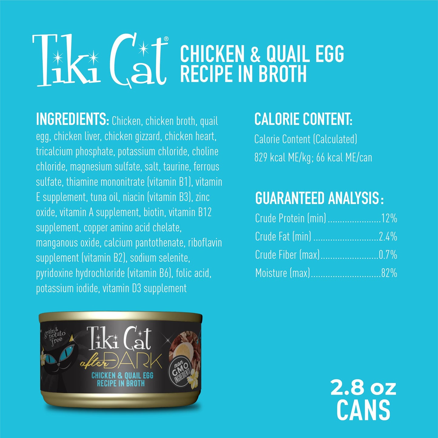 Tiki Cat After Dark, Chicken & Quail Egg, High - Protein and 100% Non - GMO Ingredients, Wet Cat Food for Adult Cats, 2.8 oz. Can (12 Count)