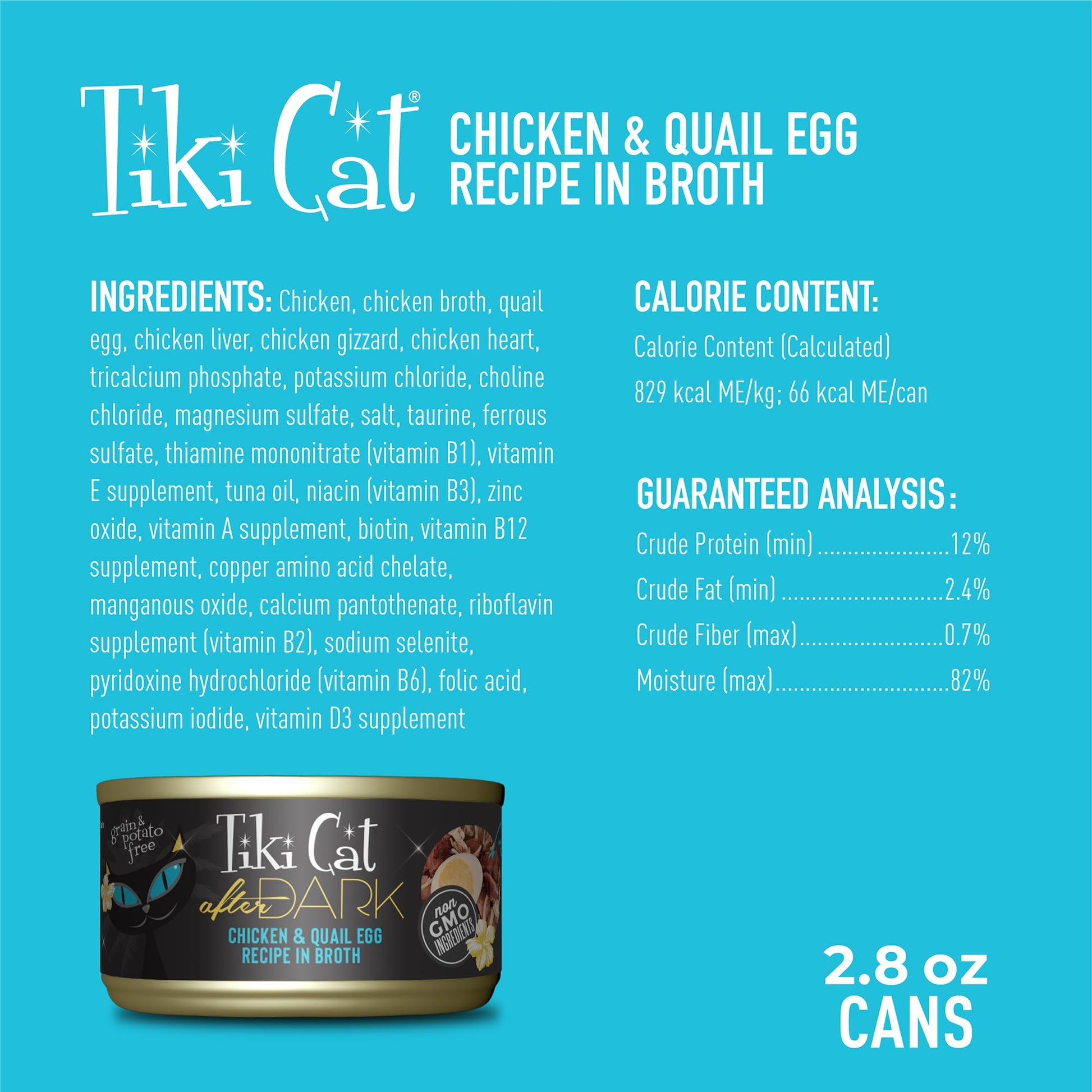 Tiki Cat After Dark, Chicken & Quail Egg, High - Protein and 100% Non - GMO Ingredients, Wet Cat Food for Adult Cats, 2.8 oz. Can (12 Count)