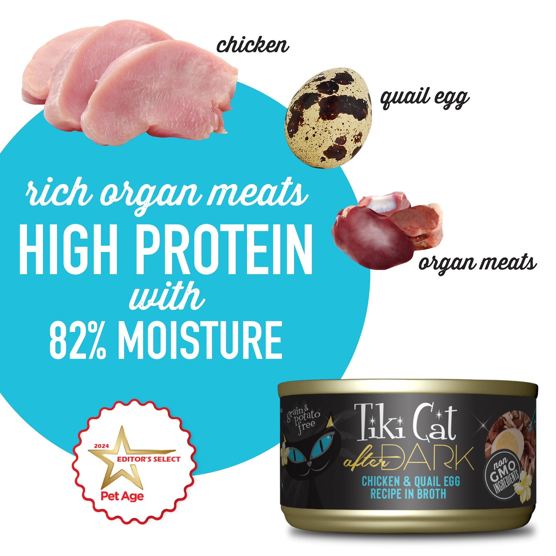 Tiki Cat After Dark, Chicken & Quail Egg, High - Protein and 100% Non - GMO Ingredients, Wet Cat Food for Adult Cats, 2.8 oz. Can (12 Count)