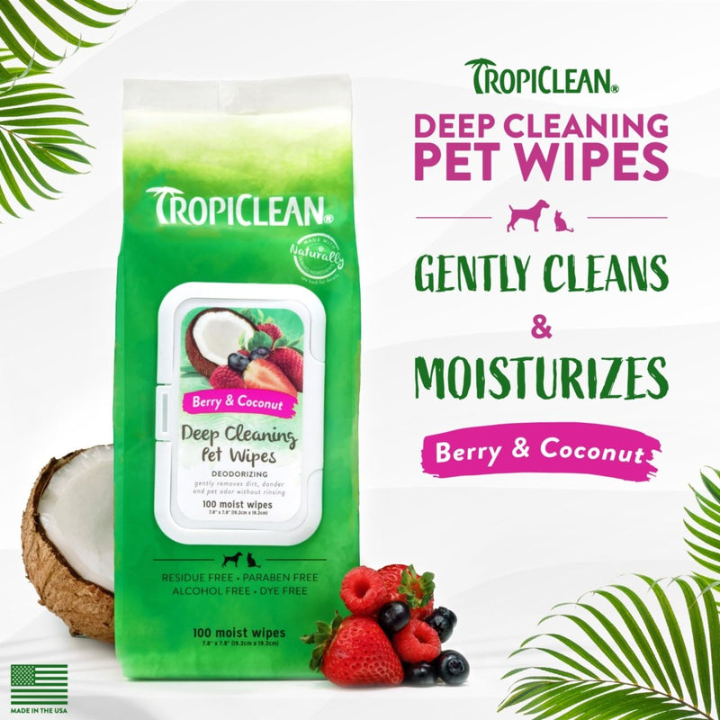 TropiClean Berry & Coconut Dog Wipes for Paws and Butt - Deep Cleaning Dog Grooming Wipes