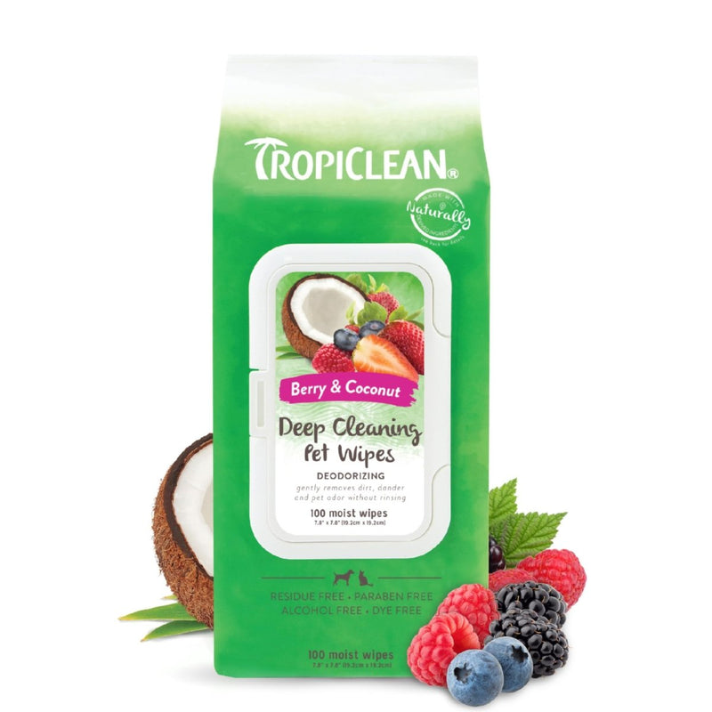 TropiClean Berry & Coconut Dog Wipes for Paws and Butt - Deep Cleaning Dog Grooming Wipes