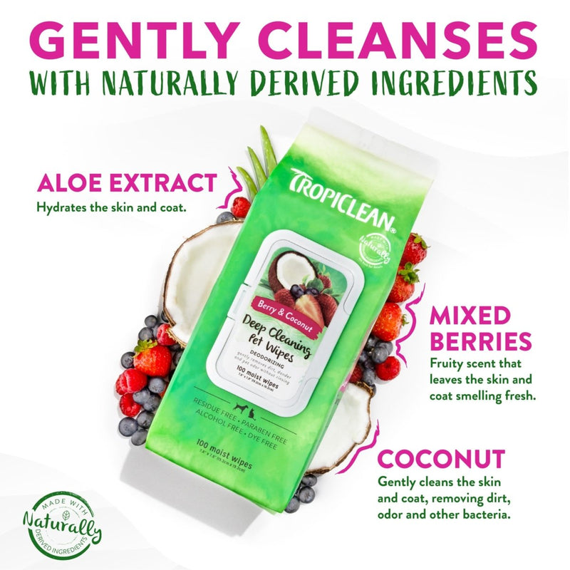 TropiClean Berry & Coconut Dog Wipes for Paws and Butt - Deep Cleaning Dog Grooming Wipes