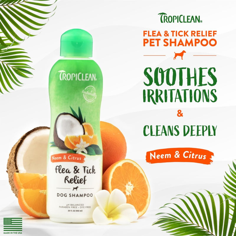 TropiClean Citrus & Neem Oil Flea Shampoo for Dogs - Tick and Flea Bite Relief for Dogs - 20 oz