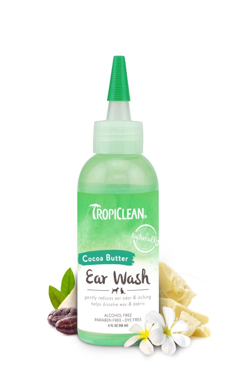 TropiClean Cocoa Butter Ear Wash for Dogs & Cats - Alcohol Free Dog Ear Cleaner Solution - Pet Ear Wash Derived from Natural Ingredients - Made in the USA - 4 oz.