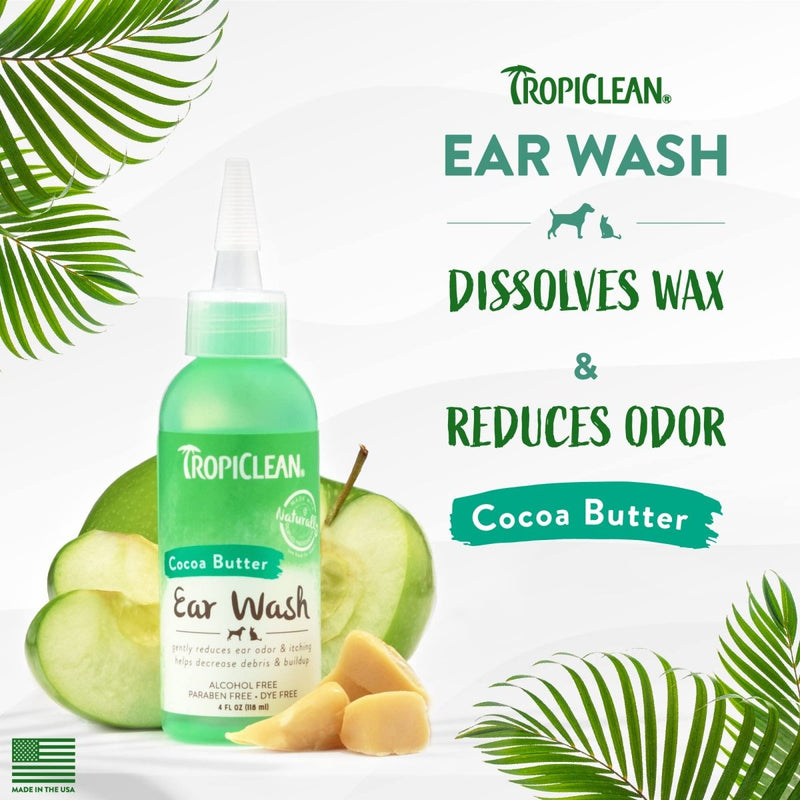 TropiClean Cocoa Butter Ear Wash for Dogs & Cats - Alcohol Free Dog Ear Cleaner Solution - Pet Ear Wash Derived from Natural Ingredients - Made in the USA - 4 oz.