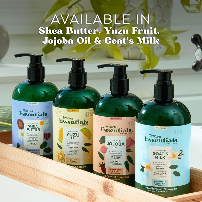 TropiClean Essentials Goat's Milk Hypoallergenic Shampoo for Dogs - Puppies & Cats - Soften The Coat - Balanced pH for Itchy & Sensitive Skin - Derived from Natural Ingredients