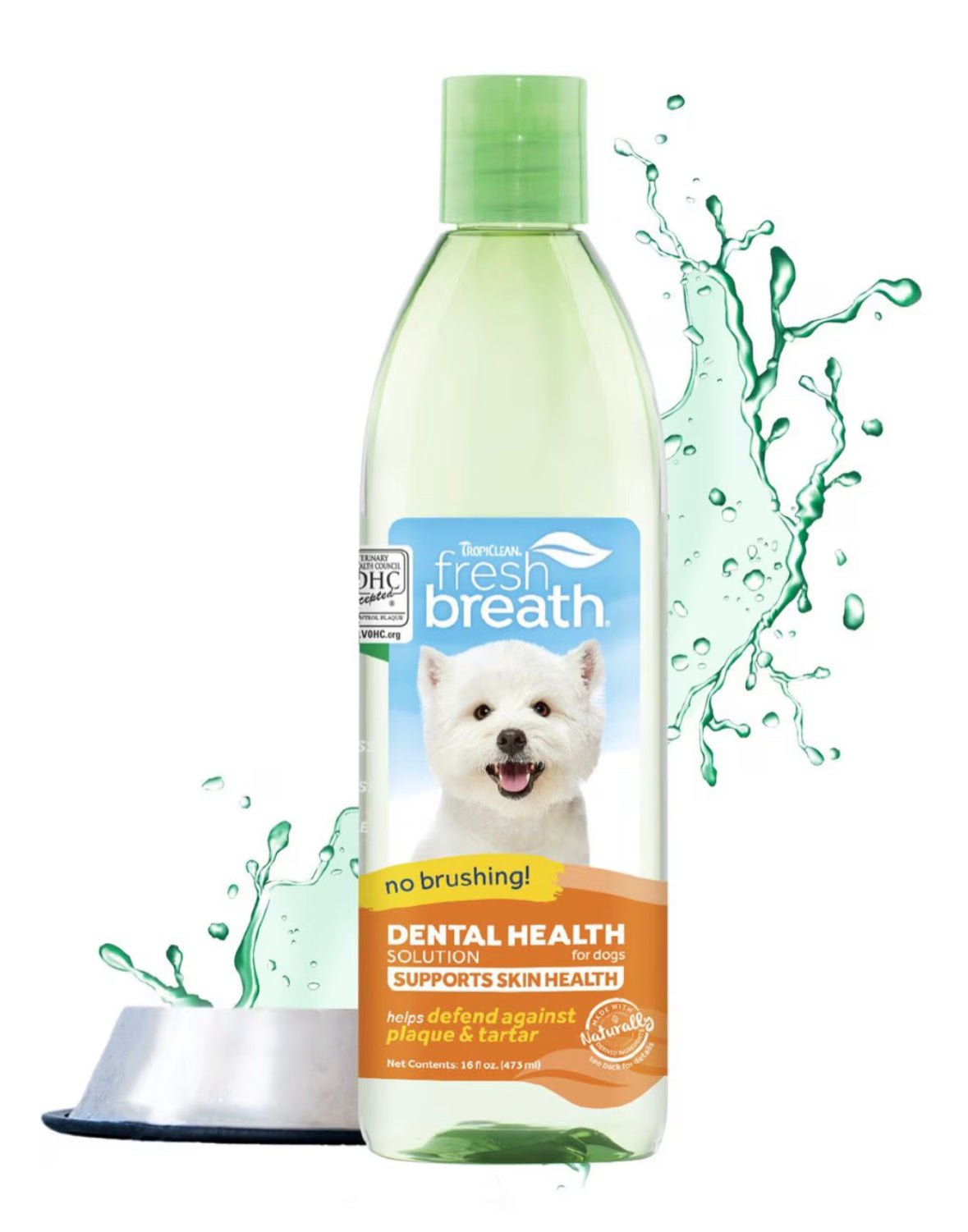 TropiClean Fresh Breath + Skin Health Support Dog Dental Water Additive, 16 - fl oz bottle