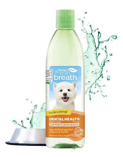 TropiClean Fresh Breath + Skin Health Support Dog Dental Water Additive, 16 - fl oz bottle