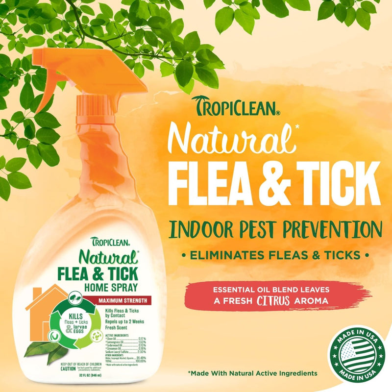 TropiClean Natural Flea and Tick Spray for Home - Maximum Strength Flea Spray for Carpet and Furniture - 32oz