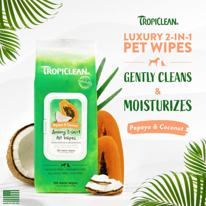 TropiClean Papaya & Coconut Dog Wipes for Paws and Butt - Deep Cleaning Dog Grooming Wipes