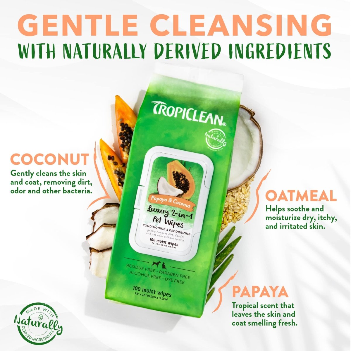 TropiClean Papaya & Coconut Dog Wipes for Paws and Butt - Deep Cleaning Dog Grooming Wipes