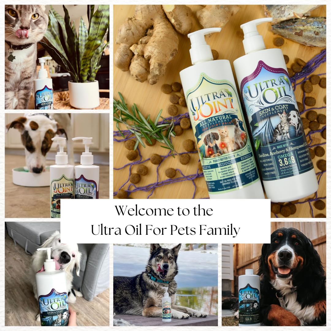 Ultra Oil Skin And Coat Supplement For Dogs & Cats - Hemp Seed Oil, Flaxseed Oil, Grape Seed Oil, Fish Oil For Relief From Dry Itchy Skin, Dandruff, And Allergies (8Oz)