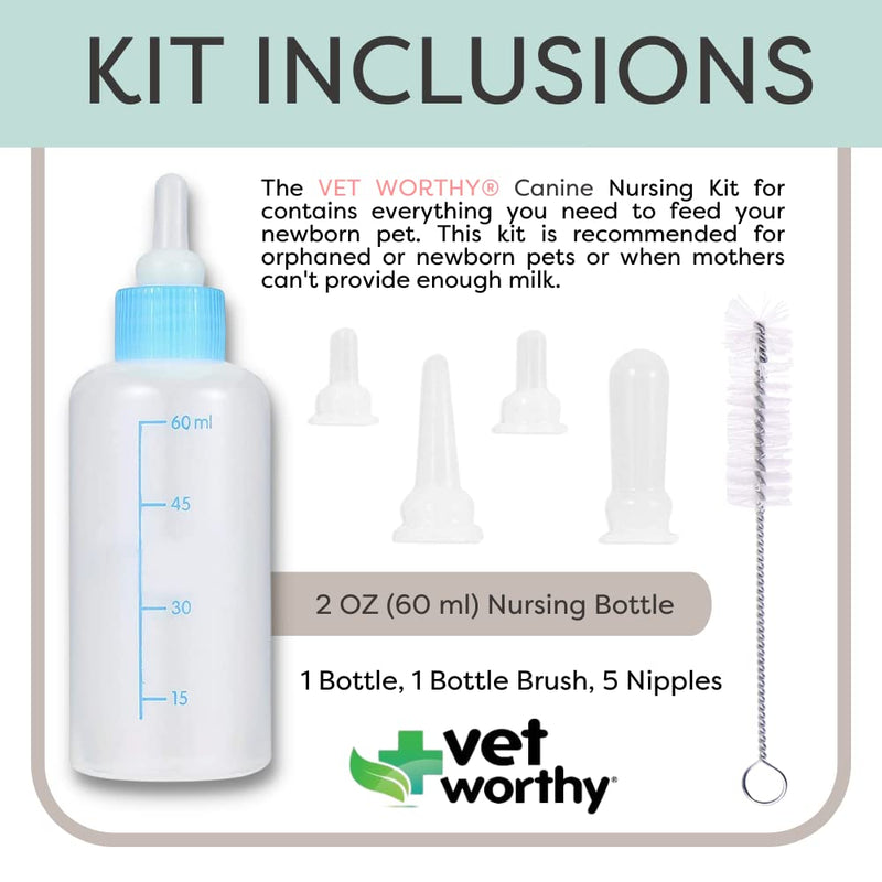 Vet Worthy Canine Nursing Kit - Dog Nursing Set for Orphaned and Newborn Puppies - Pet Feeding Support Kit with Feeding Bottle - Milk Bottle Brush and Nipples