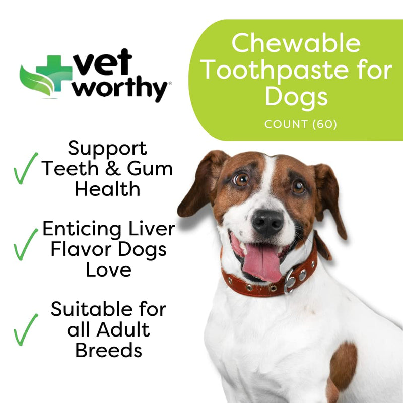 Vet Worthy Chewable Toothpaste - Brushless Dog Dental Tablets - Chicken Liver - 60 - Count