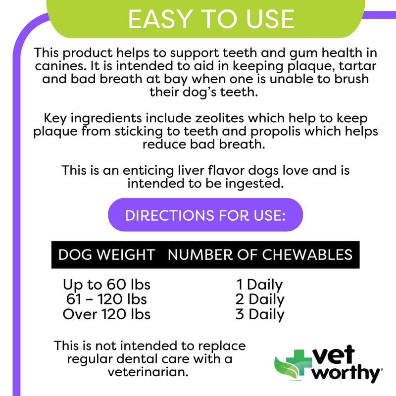 Vet Worthy Chewable Toothpaste - Brushless Dog Dental Tablets - Chicken Liver - 60 - Count