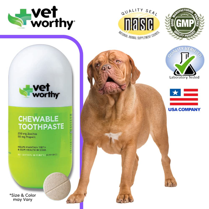 Vet Worthy Chewable Toothpaste - Brushless Dog Dental Tablets - Chicken Liver - 60 - Count