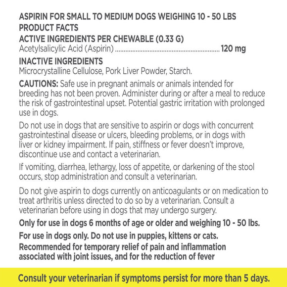 Vetality canine aspirin for small medium dogs 120mg 75ct