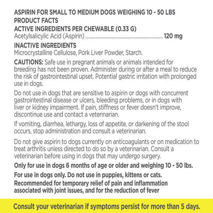Vetality canine aspirin for small medium dogs 120mg 75ct