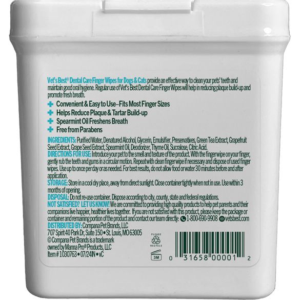 Vets best dental care finger wipes for dogs & cats 50ct