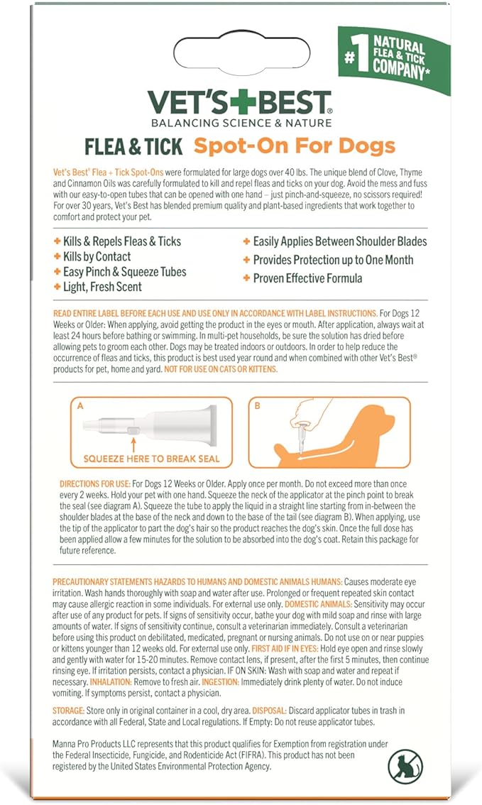 Vets best flea tick spot on 4 month supply topical ointment 4 tubes for dogs over 40lbs