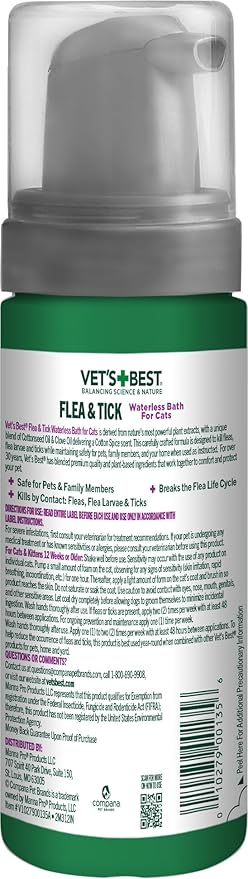 Vets best flea & tick waterless bath for cats 5oz