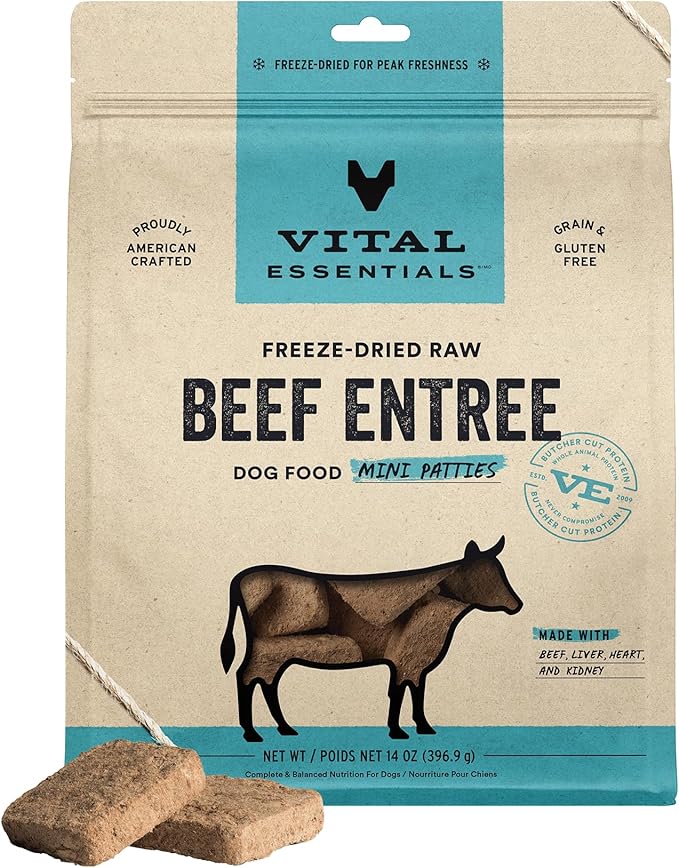 Vital essentials freeze dried raw beef entree dog food mini Pattie’s