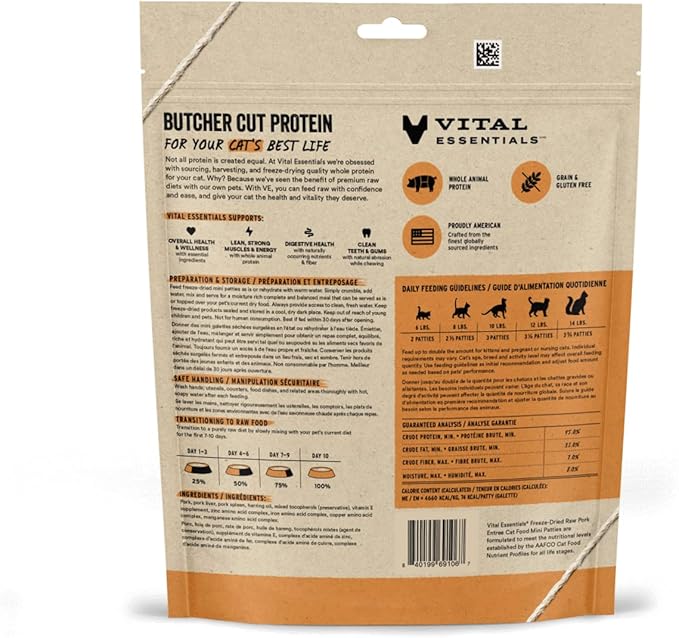 Vital Essentials Freeze - Dried Raw Pork Mini Patties Entree Cat Food, 3.75 - oz bag