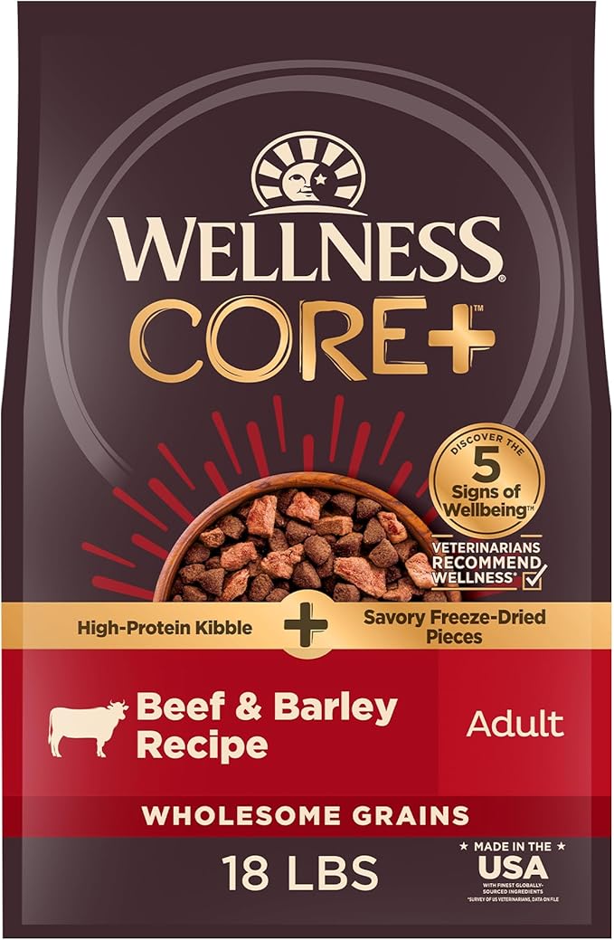 Wellness core + Beef & Barley wholesome grains freeze dried 18lbs dog kibble