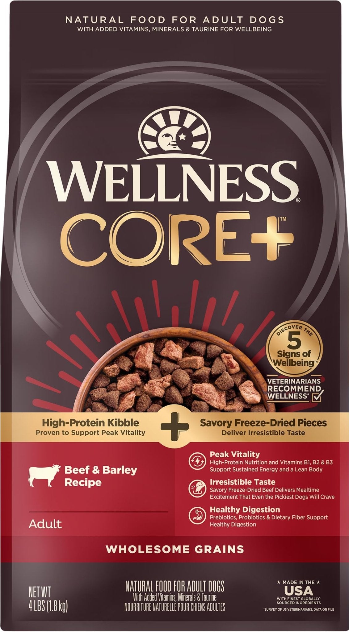 Wellness Core+ Grained Dry Dog Food – Beef & Barley Recipe, 4 lb Bag | High - Quality, Natural Dog Food with Wholesome Grains