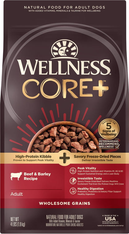Wellness Core+ Grained Dry Dog Food – Beef & Barley Recipe, 4 lb Bag | High - Quality, Natural Dog Food with Wholesome Grains