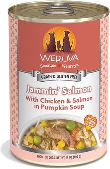 Weruva canned dog food jammin salmon with chicken and salmon in pumpkin soup